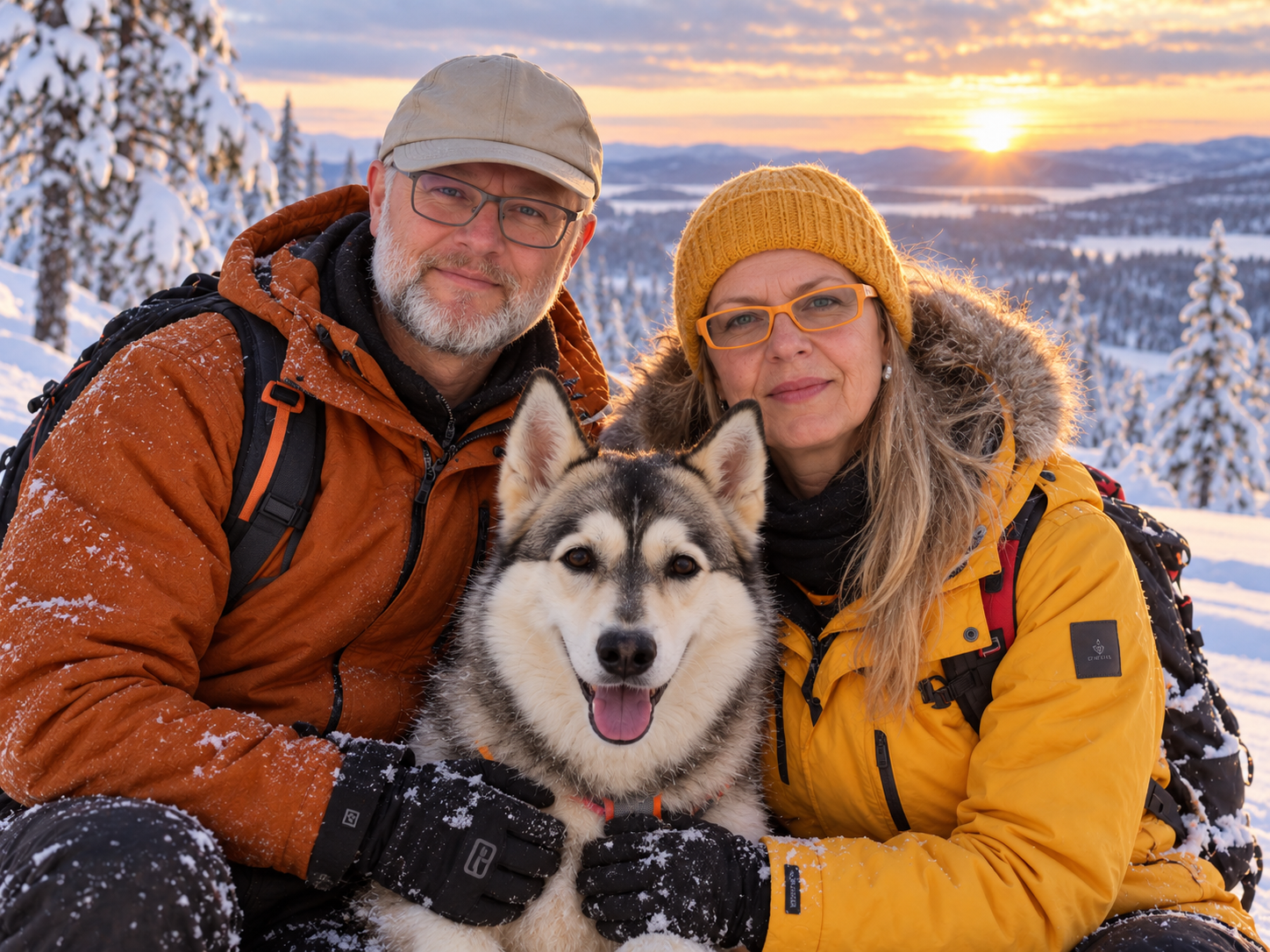 Two people with Aurora in a snowy winter landscape.